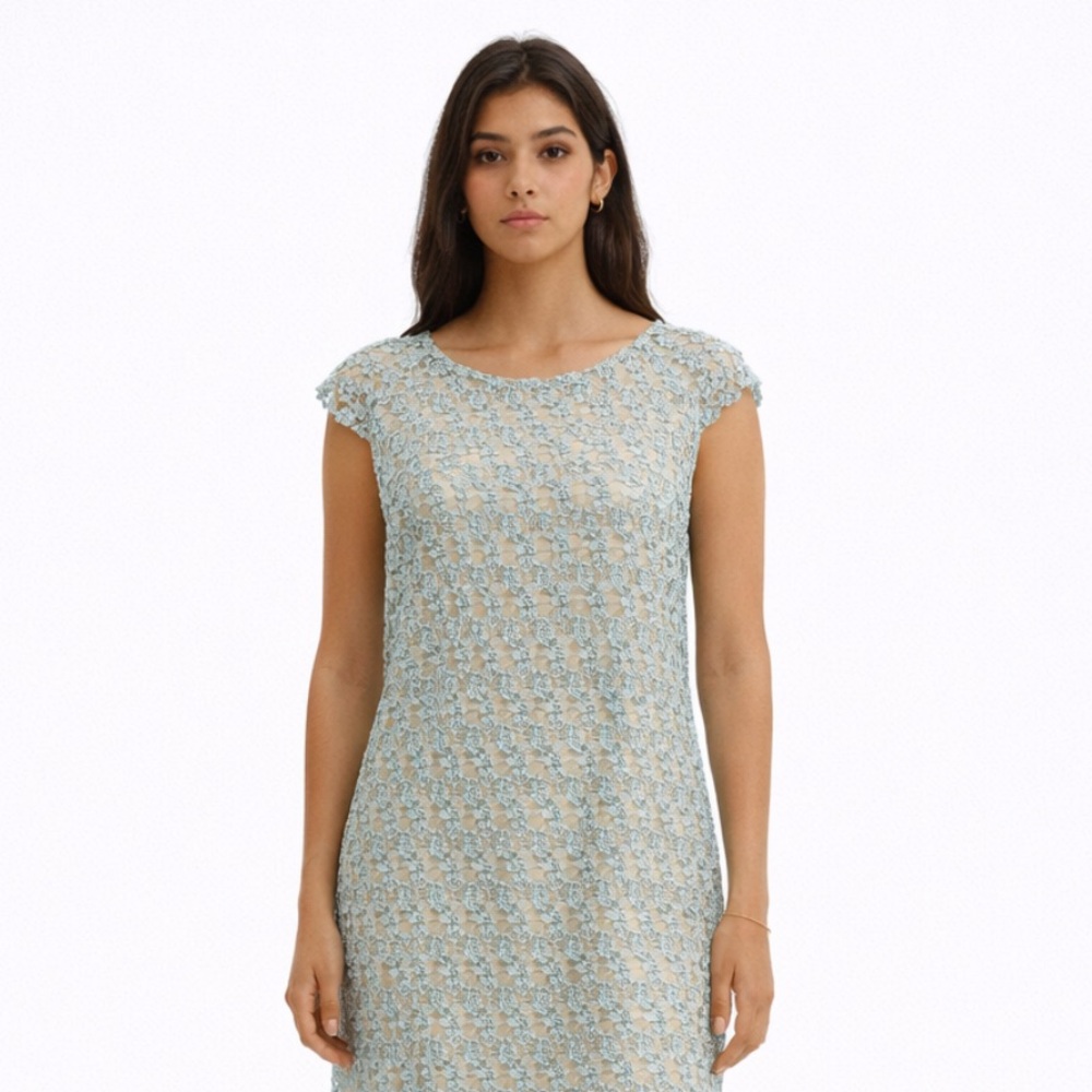 🖤5/$25 Adriana Papell Lace chrochet dress open back blue sea foam trim detail NW - Picture 14 of 16